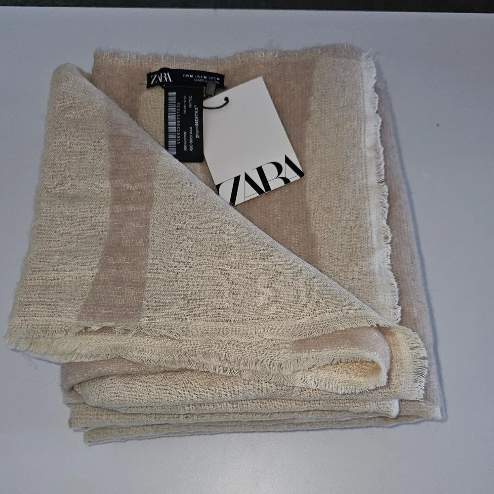 ZARA Geometric Pattern Scarf Wrap Shawl Beige Brown Neutral Oversized - Picture 5 of 7